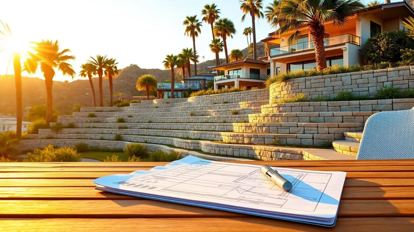 Los Angeles hillside home with terraced retaining walls at golden hour