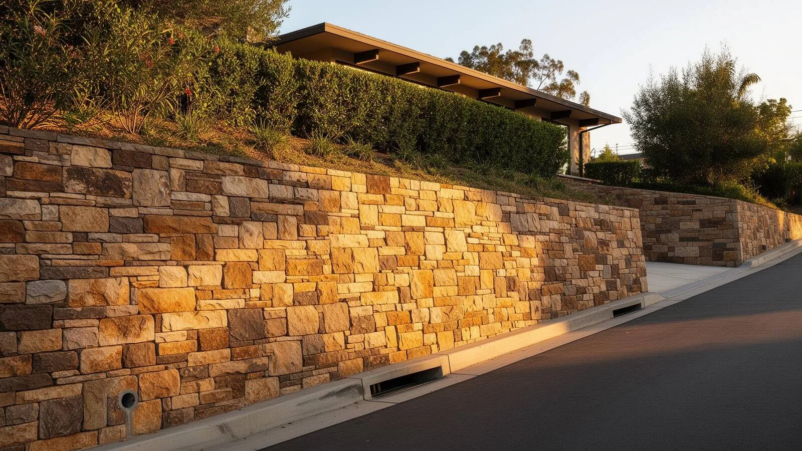 Completed stacked-stone retaining wall on a Los Angeles residential driveway